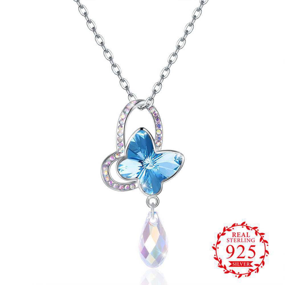 Unique Design Sweet Romintic Necklace Heart&Butterfly&Drop Pendant Top Quality AAAAA Austrian Crystal 925 Sterling Silver