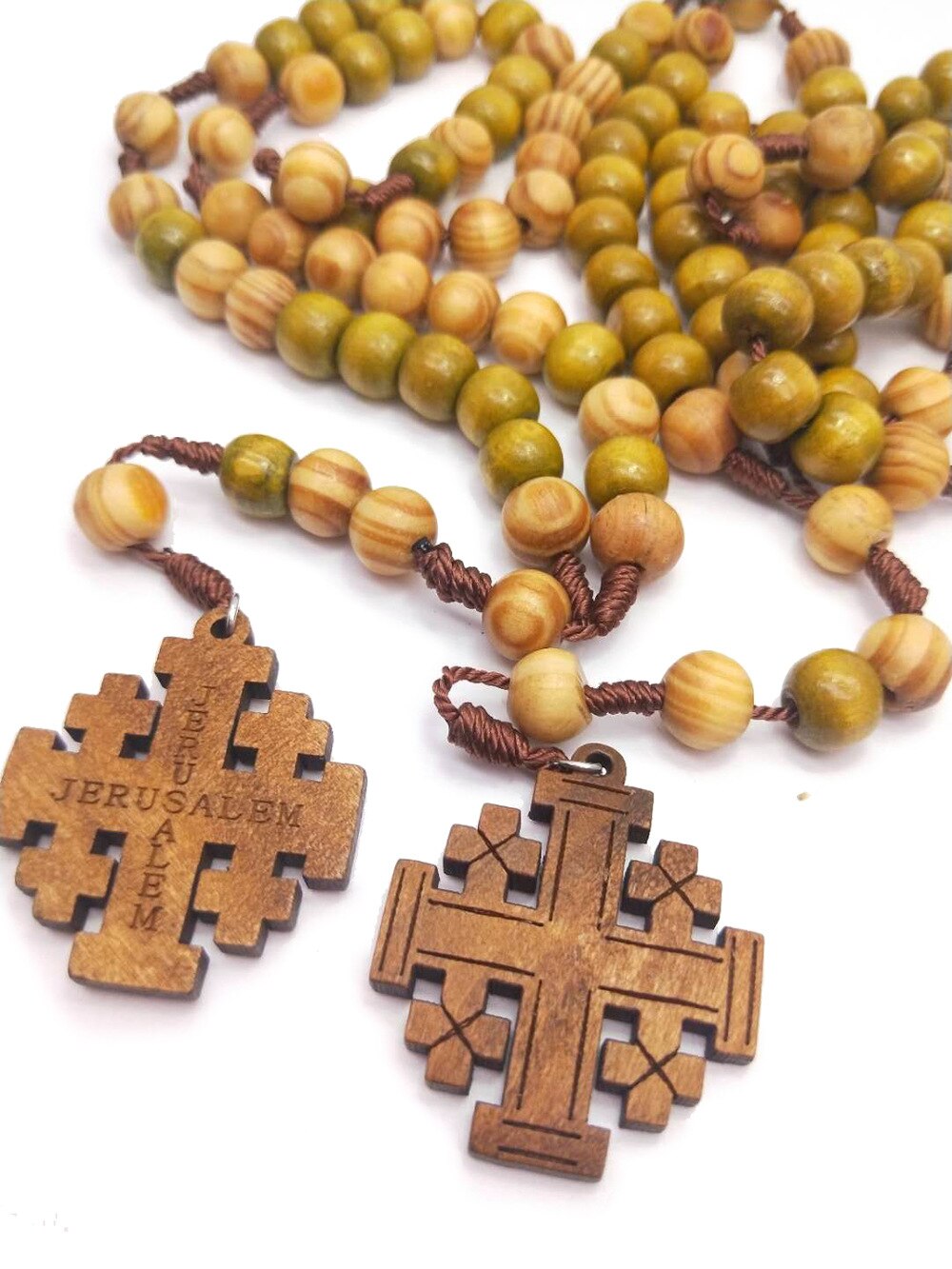 JERUSALEM Hand-Made Wooden Beaded Rosary Necklace Cross Pendant for Men Religious Jewelry