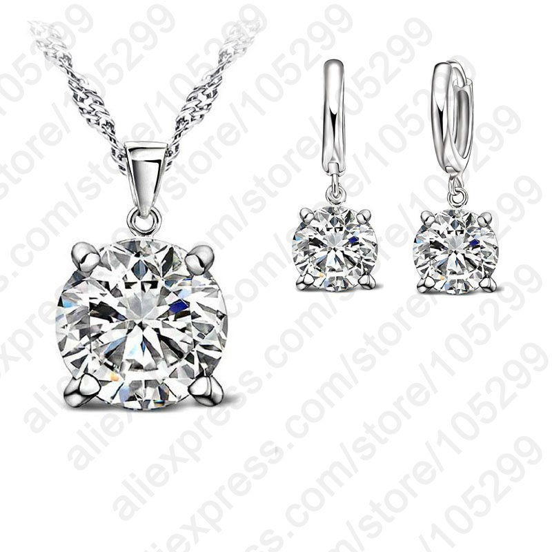 925 Sterling Silver Jewelry Sets 4 Claws Cubic Zirconia CZ Pendant Necklace Earring Fashion Jewelry For Women SET