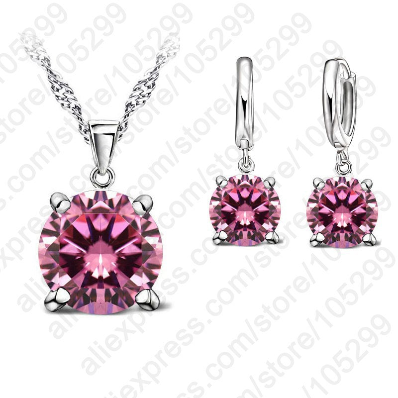 925 Sterling Silver Jewelry Sets 4 Claws Cubic Zirconia CZ Pendant Necklace Earring Fashion Jewelry For Women SET