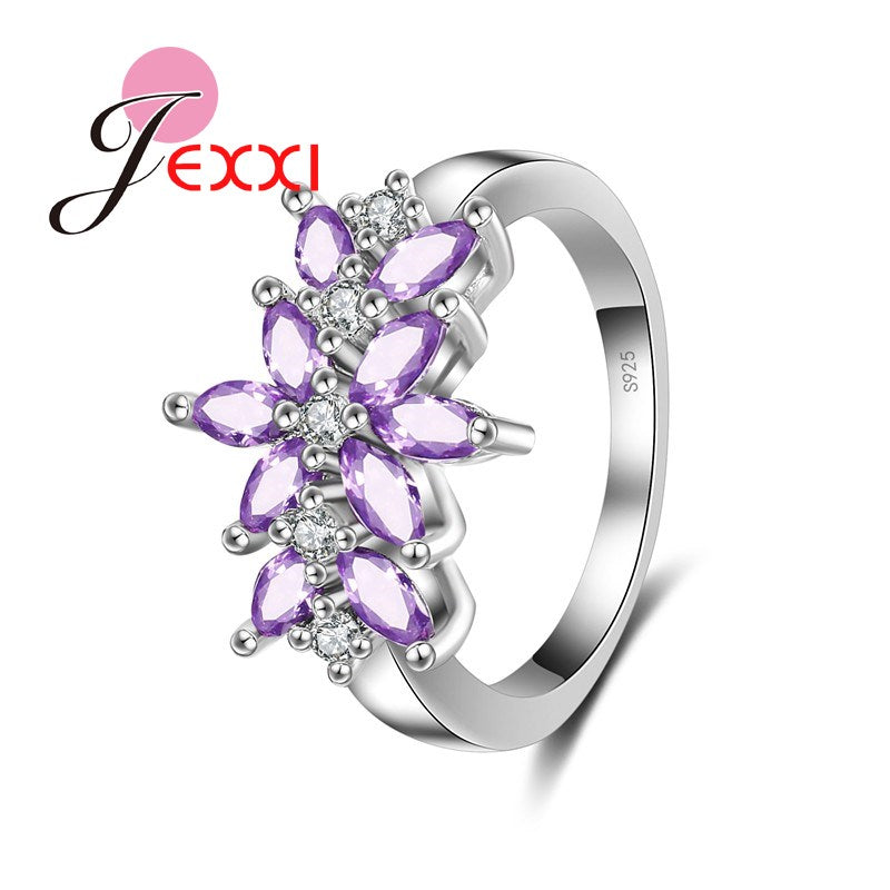 Elegant Purple Flower Design Cubic Zirconia 925 Sterling Silver Rings For Female Wholesale Price Birthd Christmas Gift