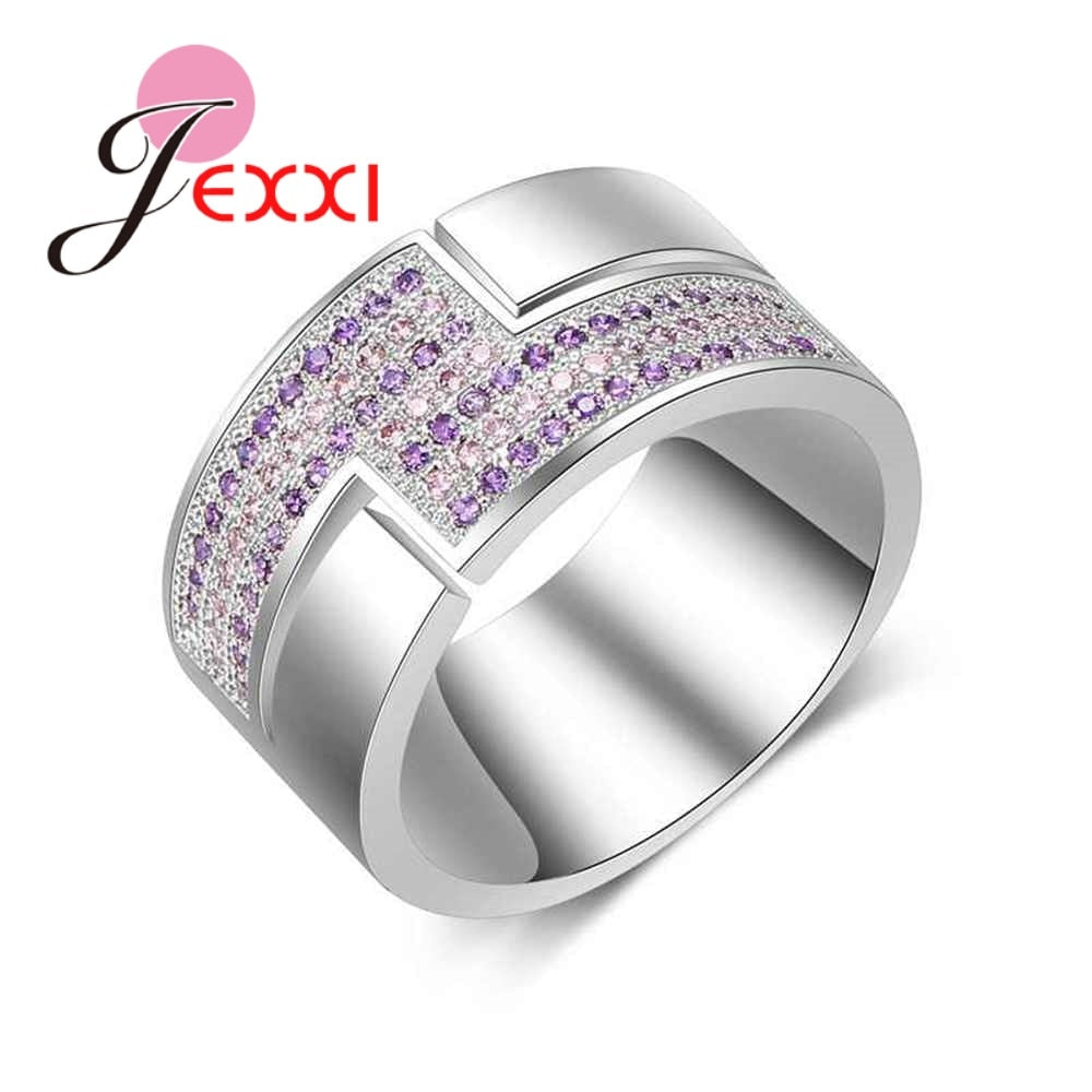 Fashion Letter Z Shape 925 Sterling Silver Wedding Rings For Women Purple Clear CZ Crystal Stone Jewelry Large Finger Ring