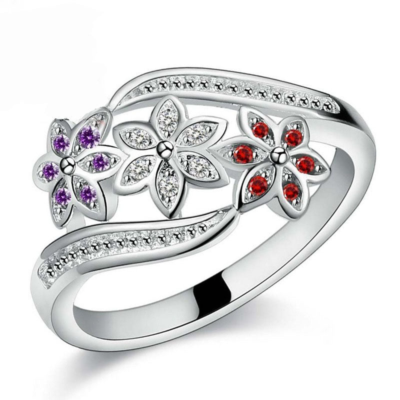 Funny Design Three Color CZ Crystal Flower Ring Women Girls Fashion 925 Sterling Silver Ring Wedding Lady Jewelry