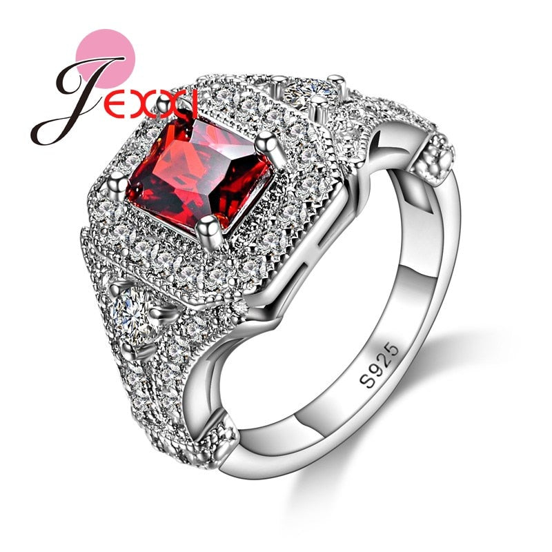 Luxurious Design Women/Girls Vintage Engagement Ring 925 Sterling Silver Fashion Jewelry With Big Square Red CZ Crystal