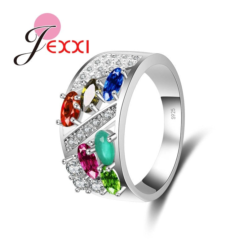 Luxurious Women/Girls Fashion Jewelry Wedding Ring Engagement Accessories 925 Sterling Silver Colorful Crystal Rings