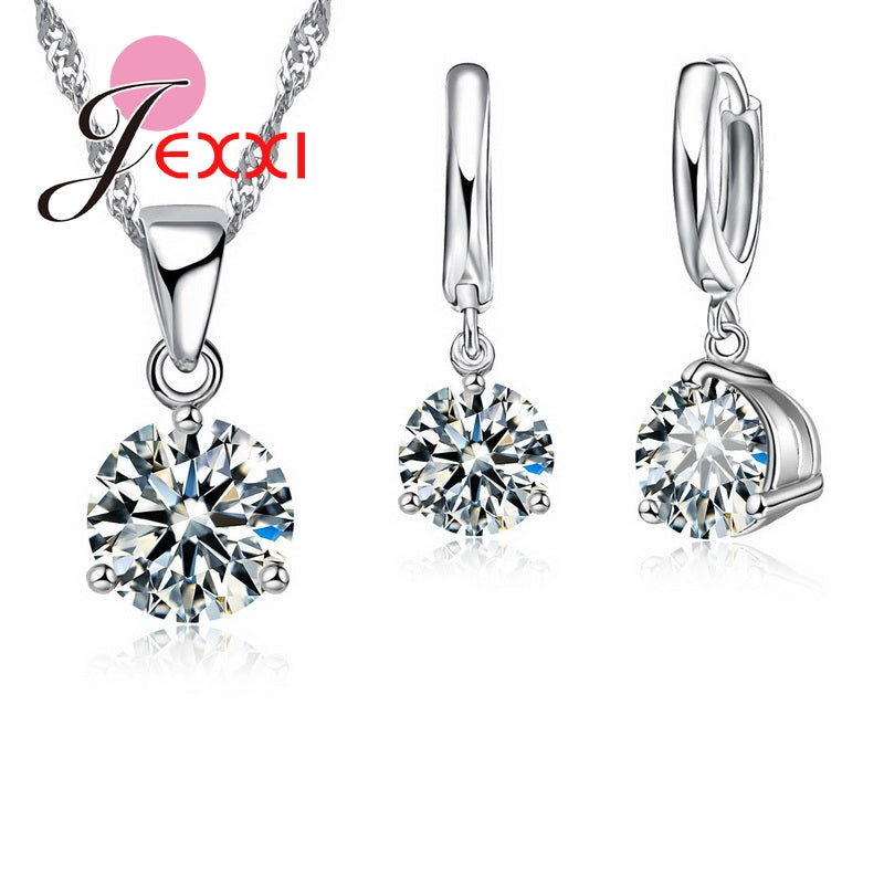 New 2020 Crystal Necklaces Set 8 Colors 925 Sterling Silver Pendants Stud Earring Sets Women Cubic Zircon Jewelry