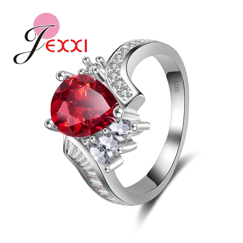 New Arrival Fashion Jewelry Women 925 Sterling Silver Finger Rings Red Drop CZ Crystal Crystal Wedding Engagement Ring
