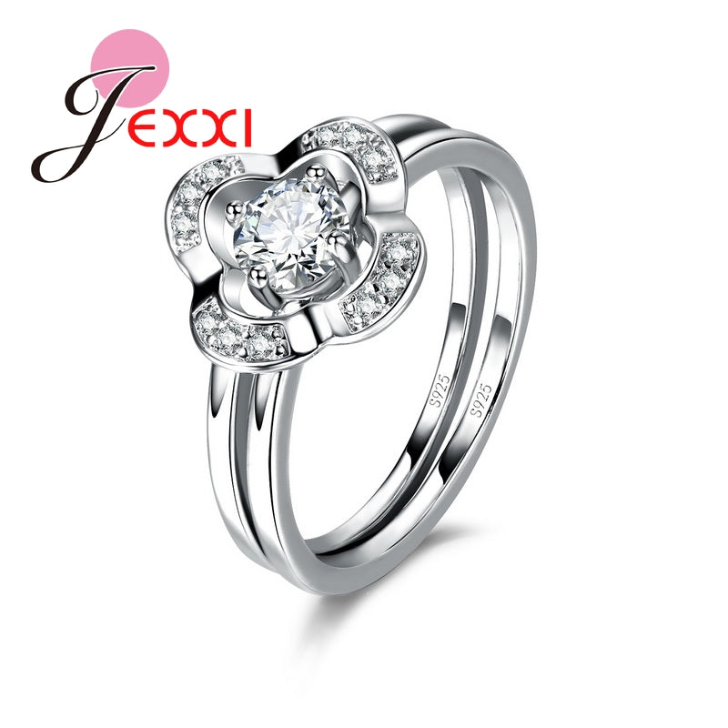 Shiny CZ Crystal 925 Sterling Silver 2pcs Set Ring Cubic Zirconia Womens Wedding Engagement Rings Set for Brides