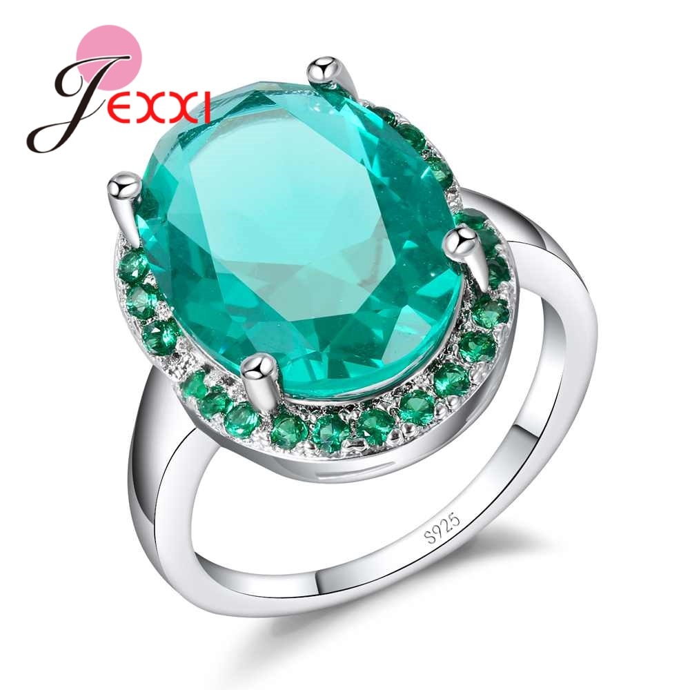 Trendy Elegant Crystal 925 Sterling Silver Rings Green Color Large Cubic Zirconia Women Jewelry For Engagement Birthday