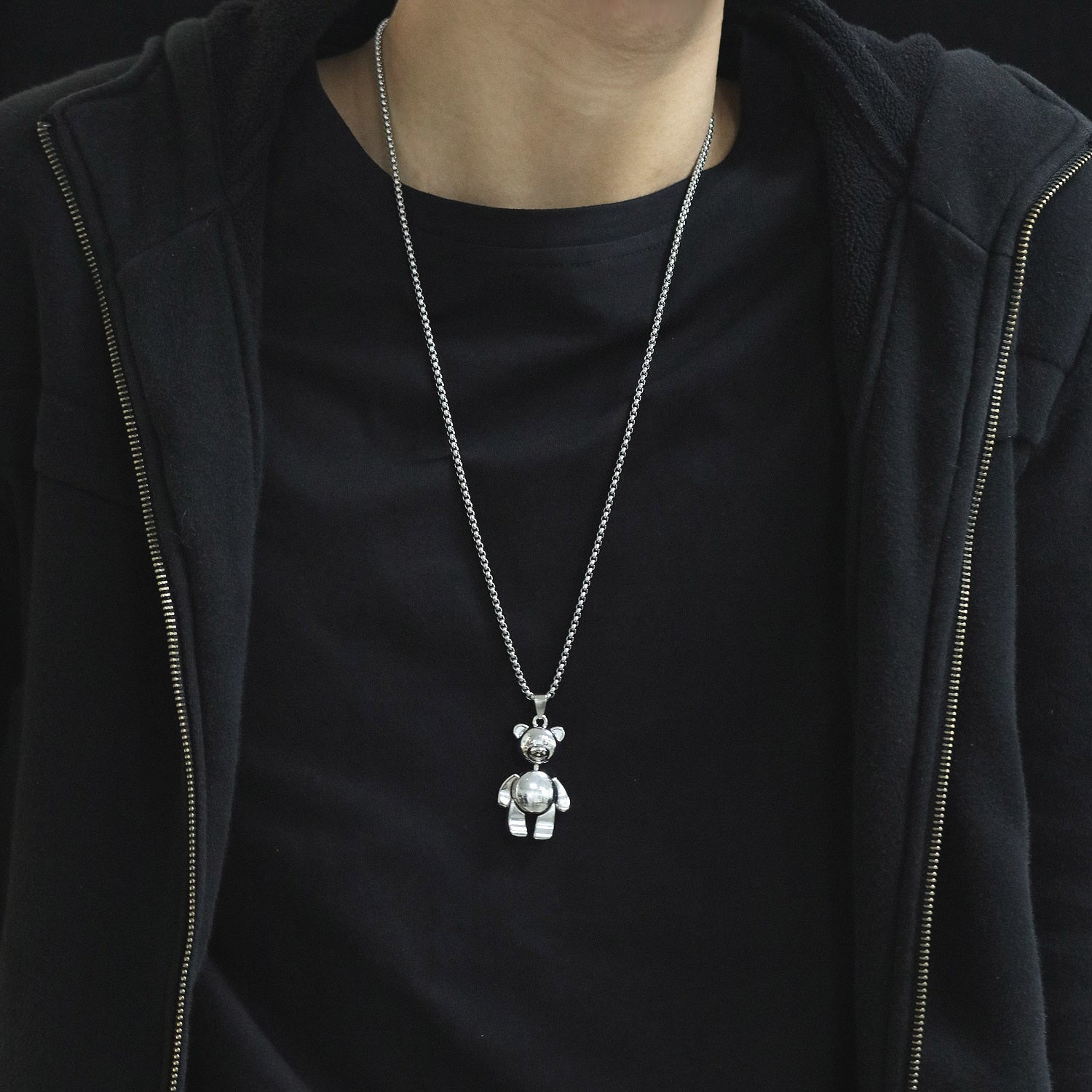 JIALY European Punk Little Bear Charm Pendant Stainless Steel Necklace Chain For Girl Boy Unisex Jewelry