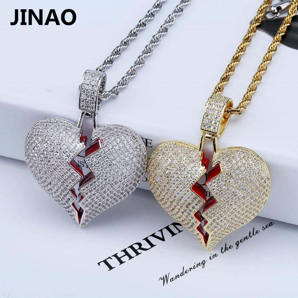 Solid Broken Heart Iced Out Pendant & Necklace Statement Gold Color Cubic Zircon Necklace Hop Men's Jewelry Gifts