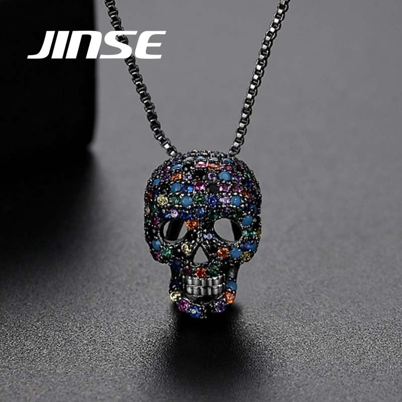 JINSE Hip Hop Cubic Zircon Colorful Skull Skeleton Pendant Necklace For Men Women Necklace Jewelry Gifts