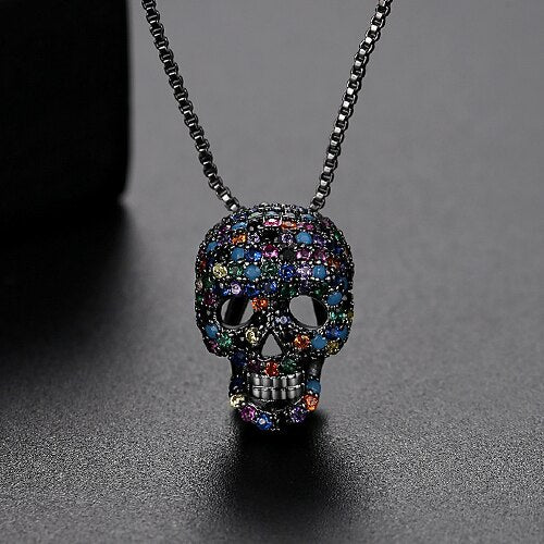 JINSE Hip Hop Cubic Zircon Colorful Skull Skeleton Pendant Necklace For Men Women Necklace Jewelry Gifts