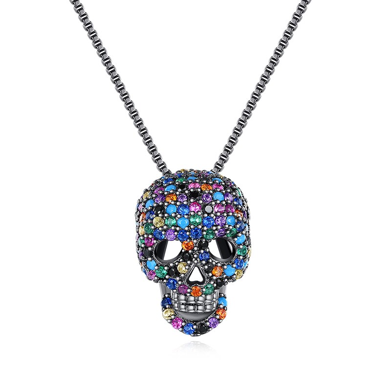 JINSE Hip Hop Cubic Zircon Colorful Skull Skeleton Pendant Necklace For Men Women Necklace Jewelry Gifts