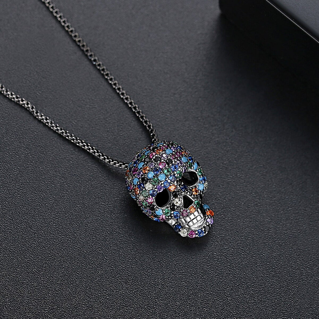 JINSE Hip Hop Cubic Zircon Colorful Skull Skeleton Pendant Necklace For Men Women Necklace Jewelry Gifts