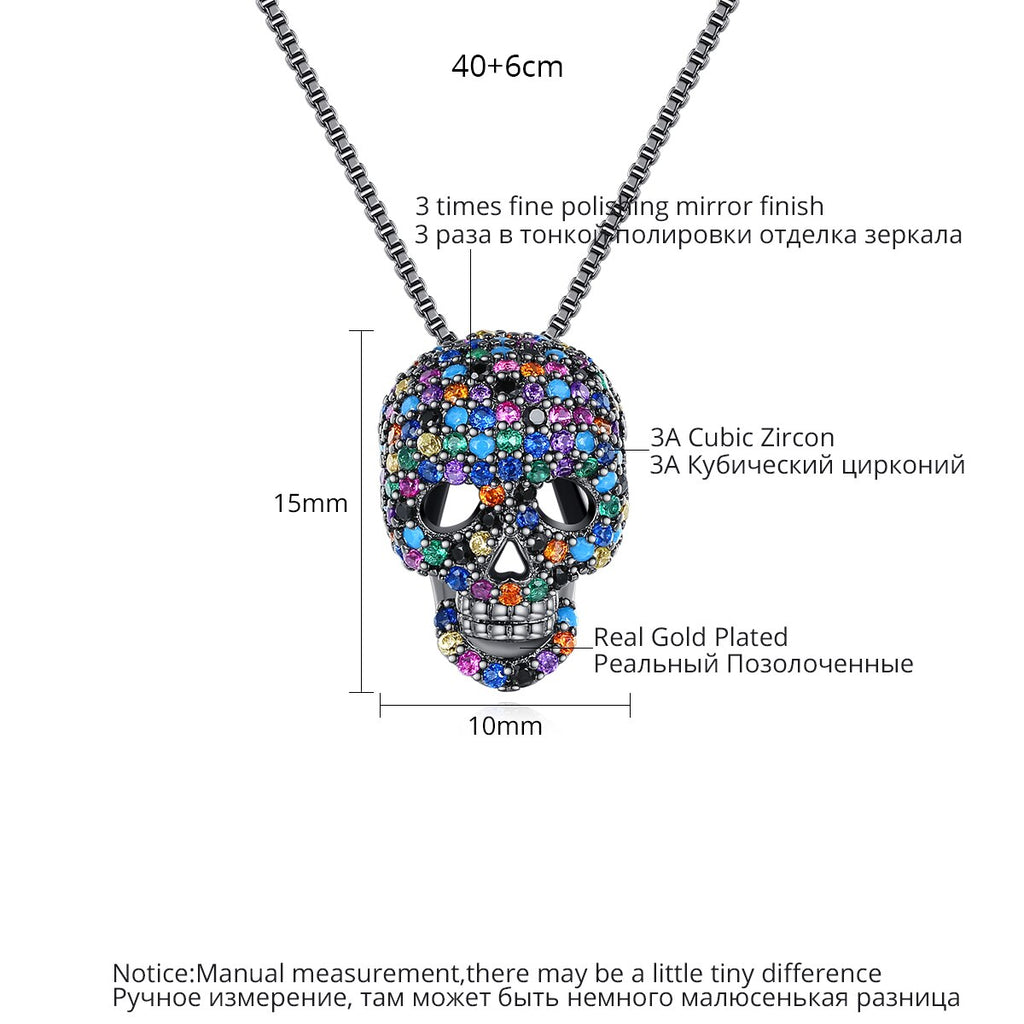 JINSE Hip Hop Cubic Zircon Colorful Skull Skeleton Pendant Necklace For Men Women Necklace Jewelry Gifts