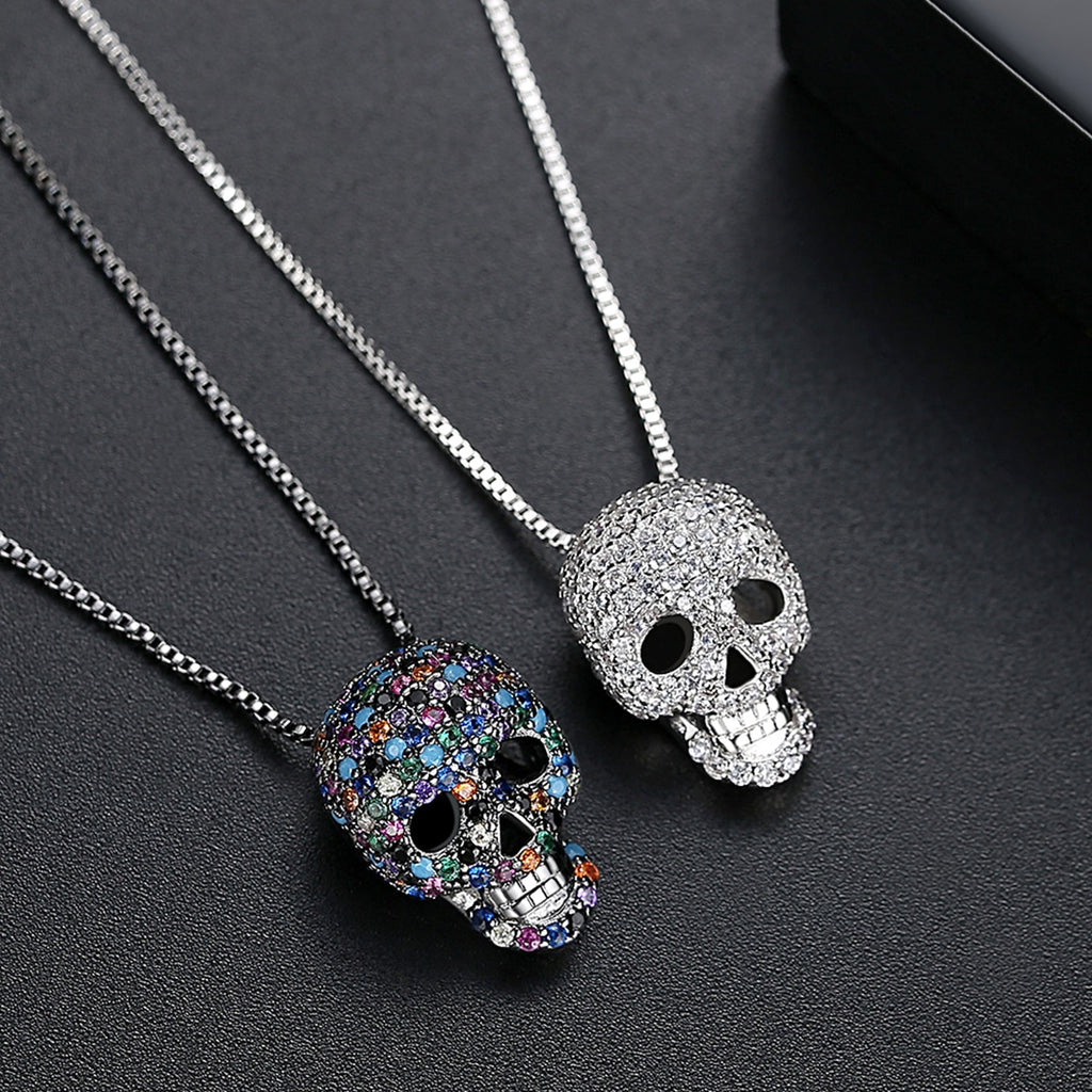 JINSE Hip Hop Cubic Zircon Colorful Skull Skeleton Pendant Necklace For Men Women Necklace Jewelry Gifts