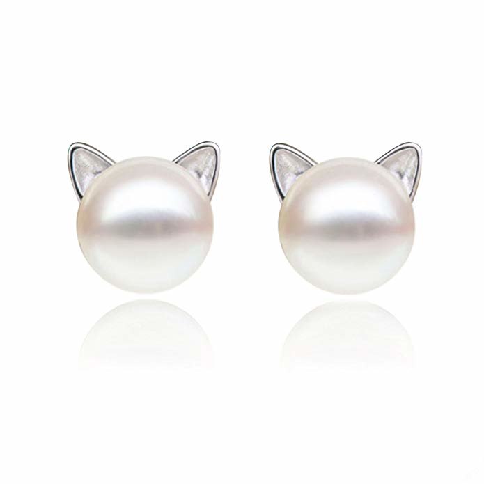 Cat Ear Stud Earrings Cultured Pearl Earrings Round Ball Ear Studs Cuff Earring for Women Girls Dropshipping