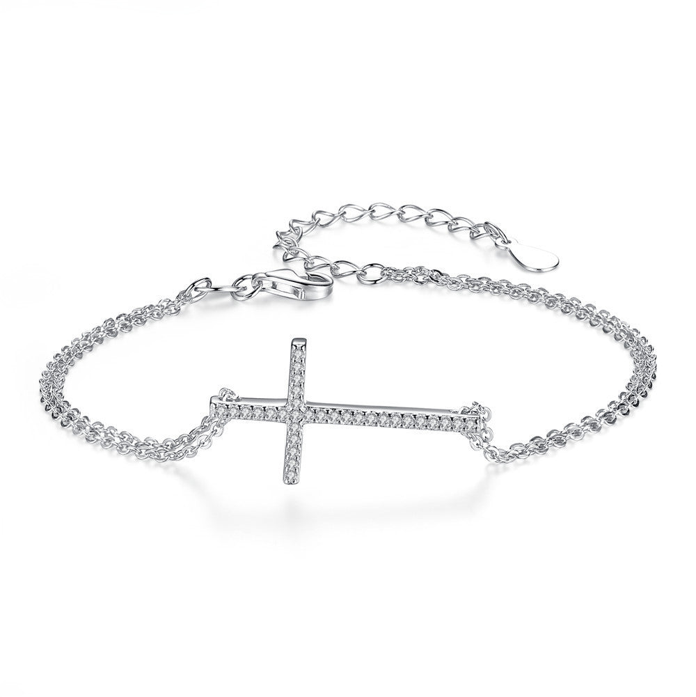 Real S925 Sterling Silver Concise Sideways Cross Pendant Necklace and Bracelet Charm Bracelets For Women Jewelry Gift