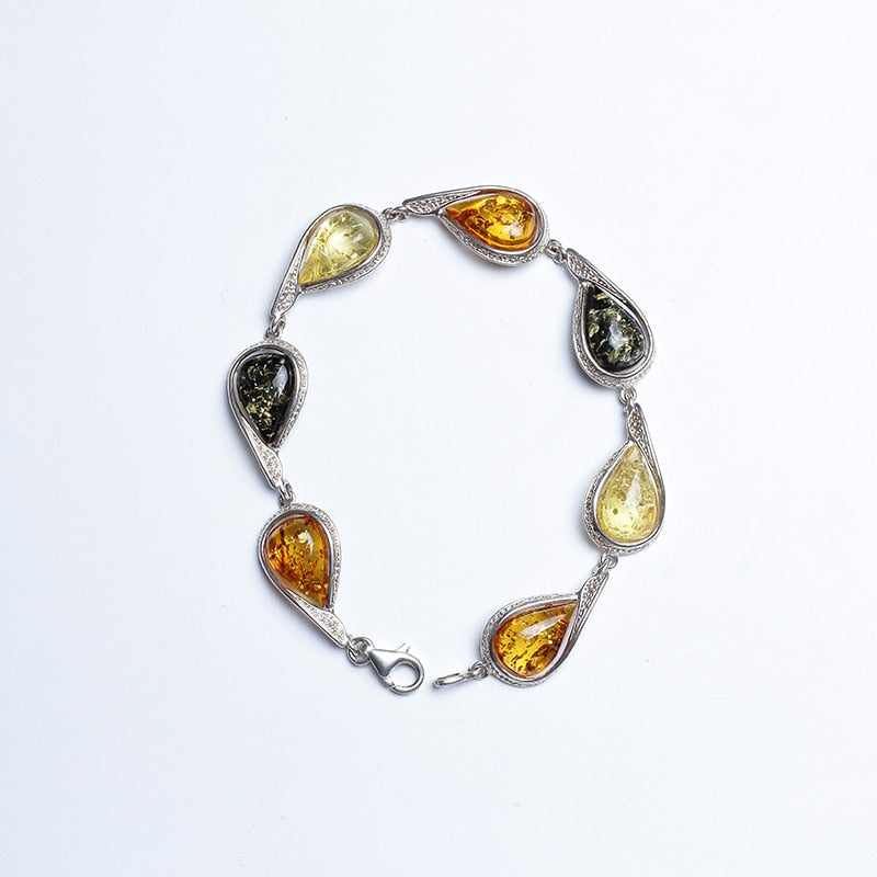 Genuine Amber Bracelet 925 Silver Multicolor Chain Bracelet Fine Jewelry for Women Wedding Party Annversary