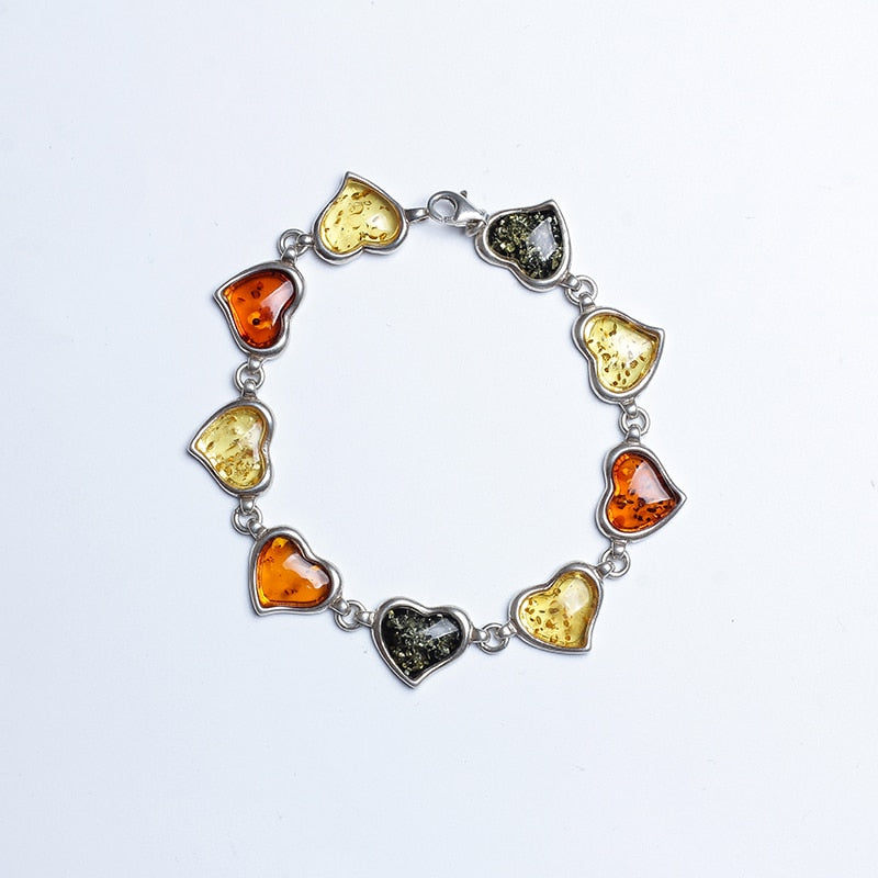 Genuine Amber Bracelet 925 Silver Multicolor Chain Bracelet Heart Fine Jewelr For Women Party Wedding Anniversary