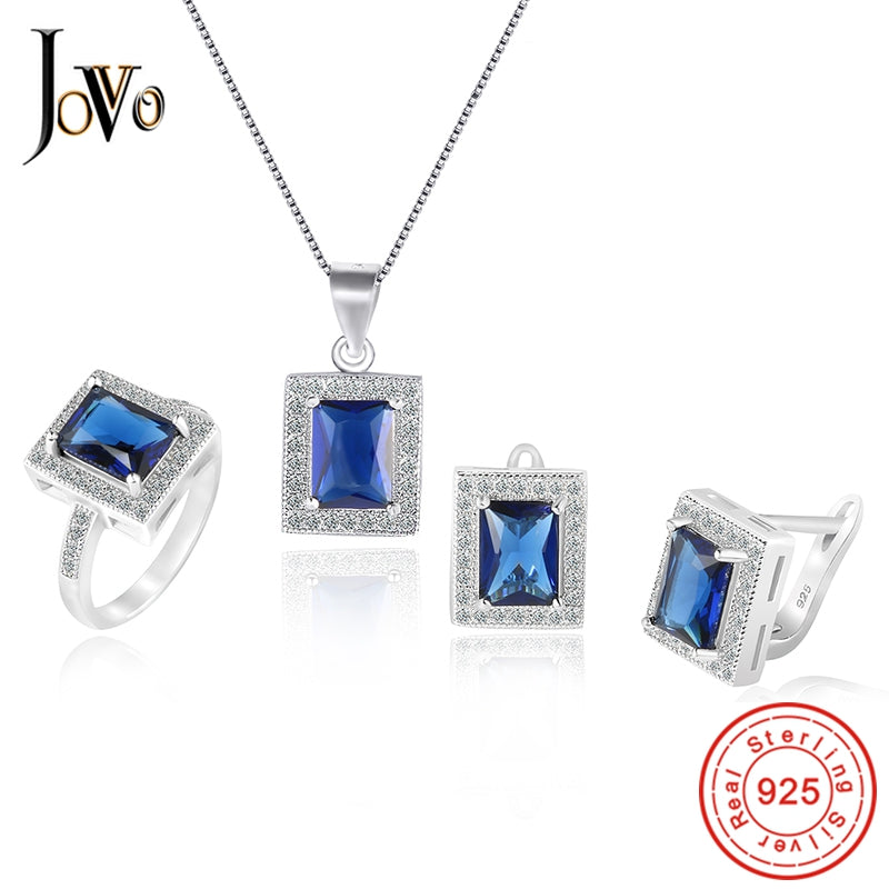 JOVO 925 Sterling Silver Necklace and Stud Earrings rings Jewelry Sets for Women square AAA Zircon Vintage party ladies gift