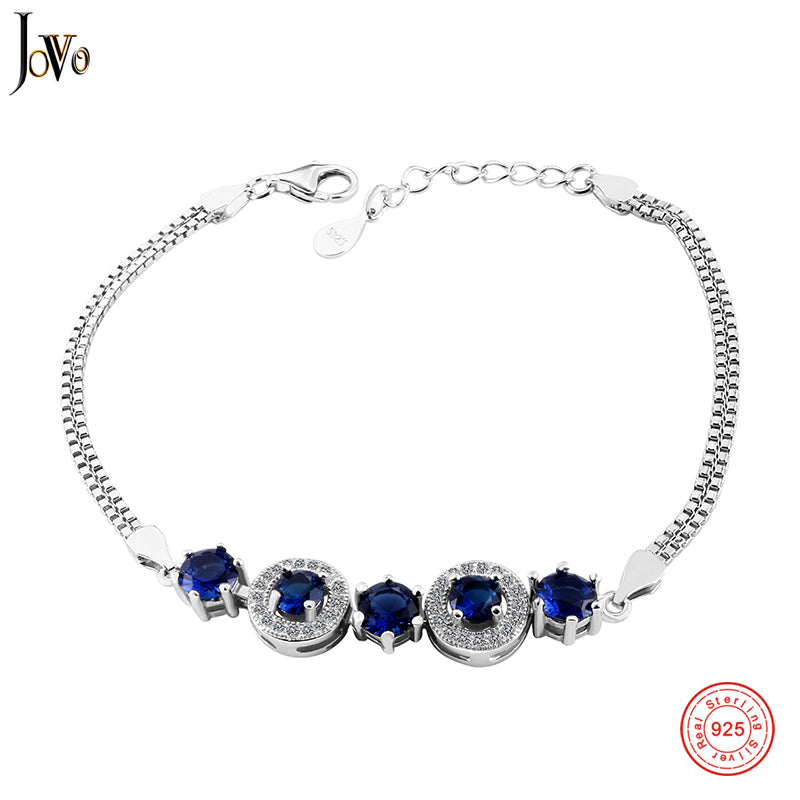 JOVO Blue Sapphire Bracelet For Women 100% 925 Sterling Silver Jewelry Romantic Wedding Jewelry Gift New Jewelry Bracelet