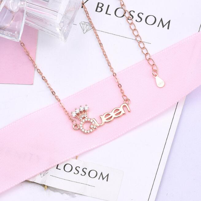 JOVO Creative Fashion women Crown queen necklace Pendants s925 silver words Fine Jewelry zircon trendy female gift