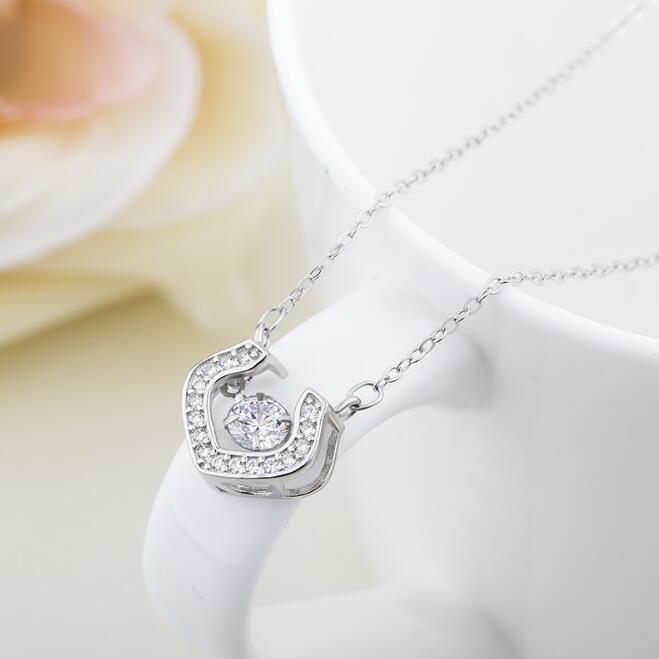JOVO Creative trendy Fashion women necklace U words Pendants s925 silver Fine Jewelry zircon female gift