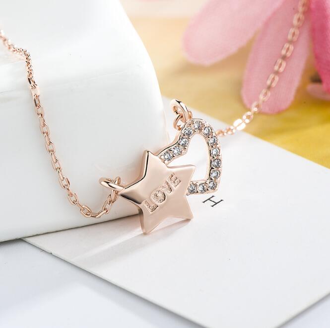 JOVO Fashion Popular women necklace star+heart Pendants sterling s925 silver zircon love Fine Jewelry Cross chain trendy gift