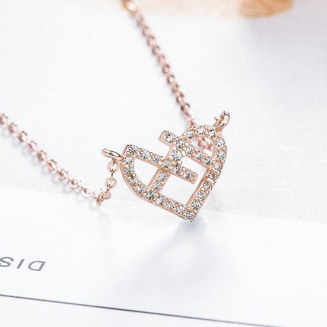JOVO Fashion trendy women necklace heart Pendants sterling s925 silver small zircon Fine Jewelry Cross chain female gift
