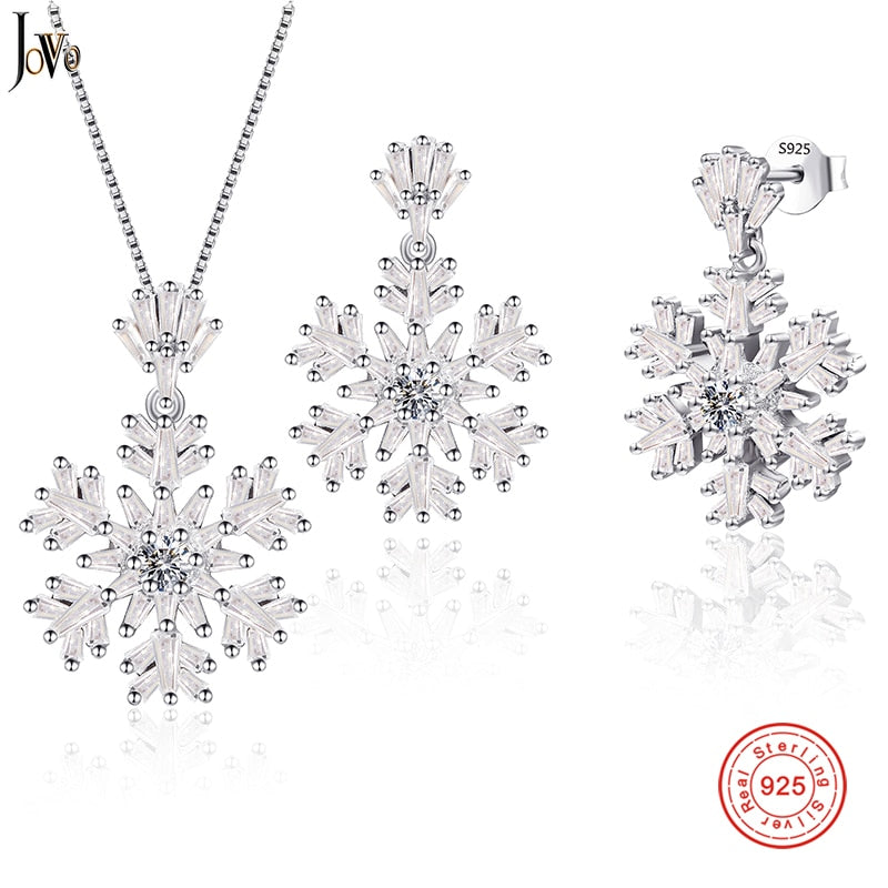 JOVO Jewelry Sets for Women Snow Flower Boho Cubic Zircon Necklace/Earrings Wholesale 925 sterling silver set Pendant