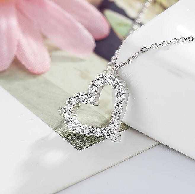 JOVO Trendy Fashion women necklace heart Pendants sterling s925 silver zircon 2 color Fine Jewelry Cross Clavicle chain lady