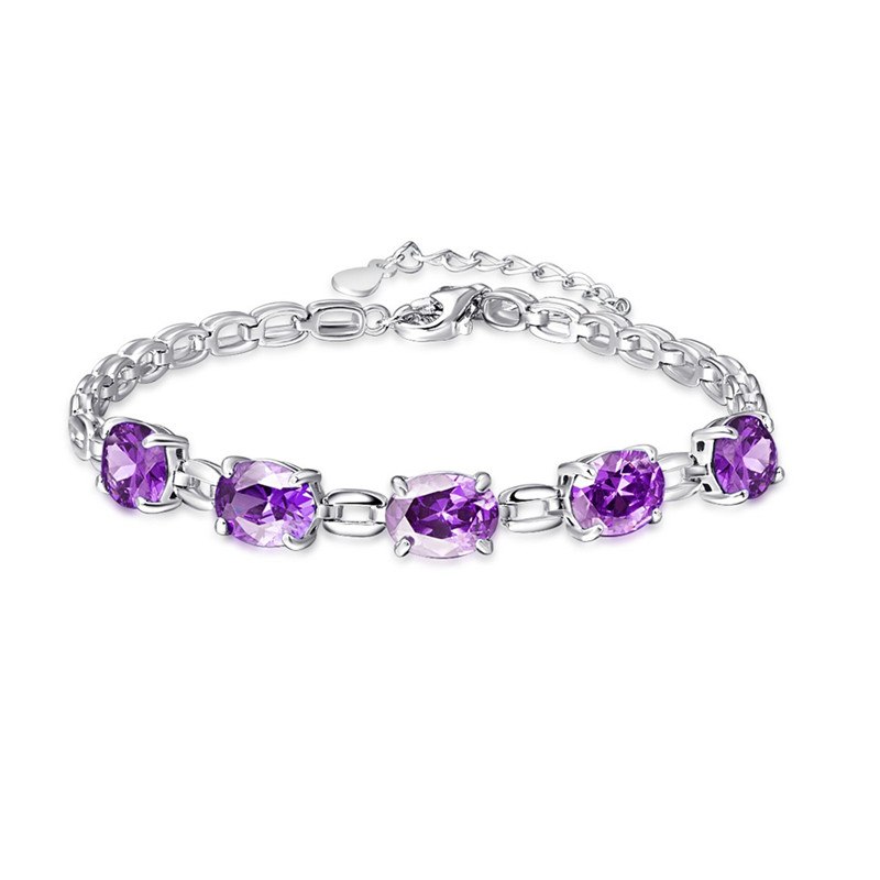 7.01g Silver Bracelet Oval Cut Purple Amethyst s925 Charm Bracelet For Women Fine Jewelry Pulseira Feminina