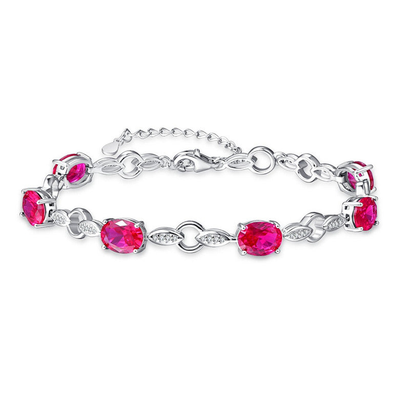 925 Sterling Silver Bracelet for Women with 6 Created Ruby Genuine 925 Silver Leaf Shape Charm Bracelets Party Jewelry