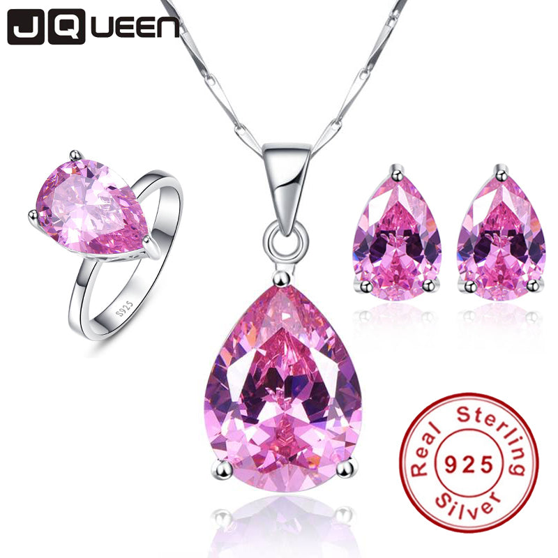925 Sterling Silver Jewelry set Mystic Topaz set Pink Water Drop Desgin Necklace Earring Ring sets Women Jewelry set