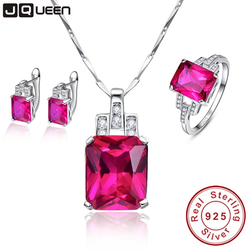 Famous Brand Sterling Silver Jewelry Women Accesssories AAA Ruby Wedding Earrings Necklace Ring Sets with Free Gift Box