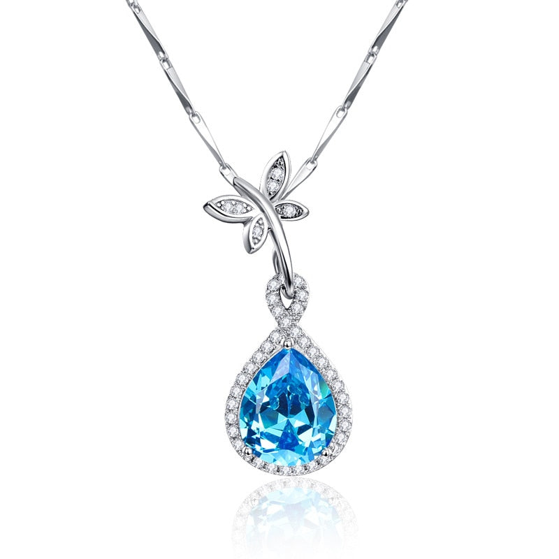 Natural Blue Topaz 925 Sterling Silver Water Drop Pendant Necklace 6.75Ct Pear Cut Jewelry Accessories 17.7 Inches