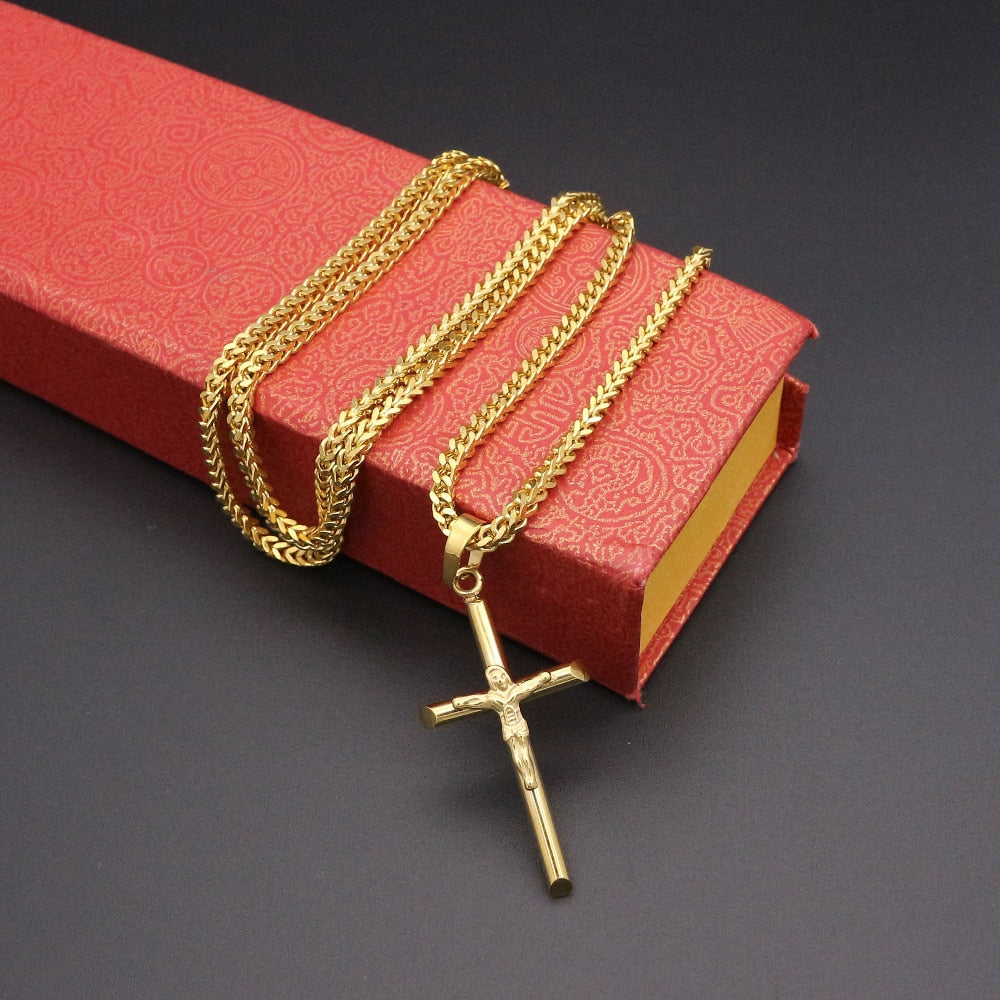 JSBAO  Womens Cross Necklace Stainless Steel 60CM Chain Pendant  Cross Gold Color Mens Necklace For Women Gift
