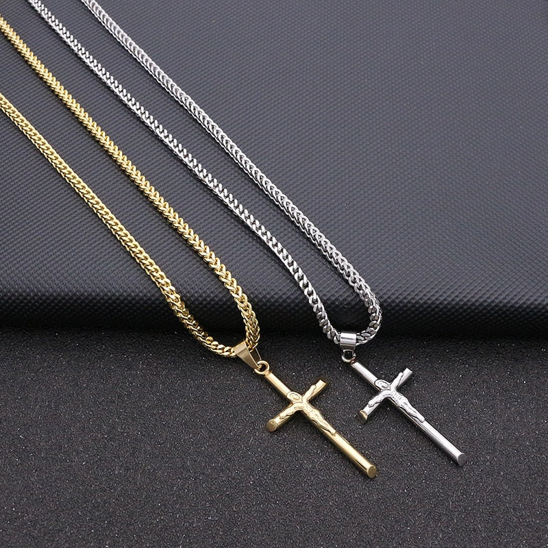 JSBAO  Womens Cross Necklace Stainless Steel 60CM Chain Pendant  Cross Gold Color Mens Necklace For Women Gift