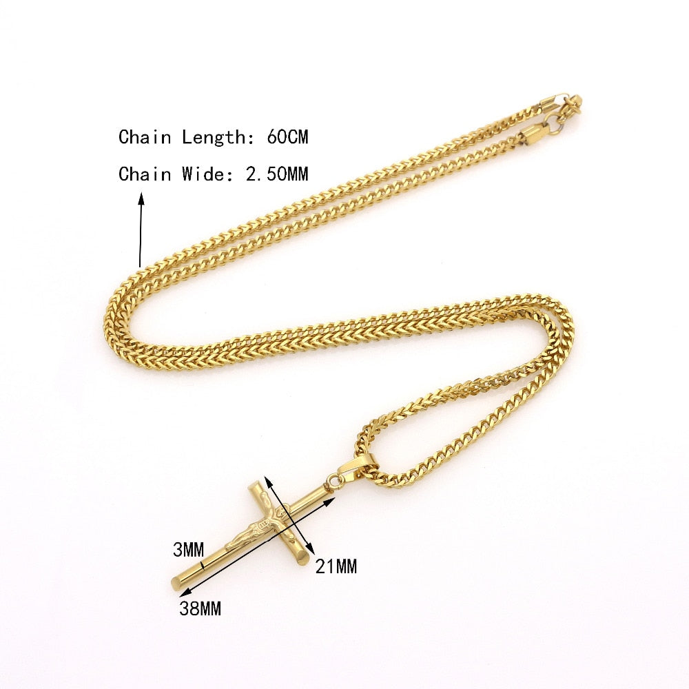 JSBAO  Womens Cross Necklace Stainless Steel 60CM Chain Pendant  Cross Gold Color Mens Necklace For Women Gift