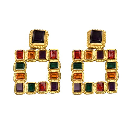 New women statement MULTICOLORED SQUARED EARRINGS fashion vintage gold color stud Earrings for women