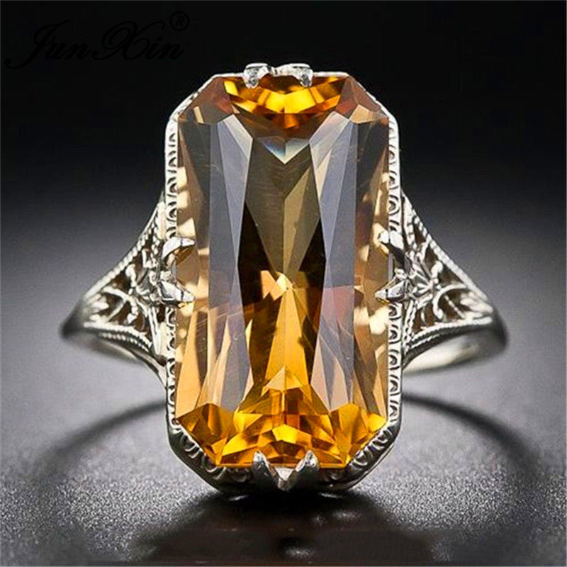 Anitique 925 Sterling Silver Filled Yellow Stone Rectangle Big Rings For Women Men Vintage Zircon Charm Wedding Bands CZ