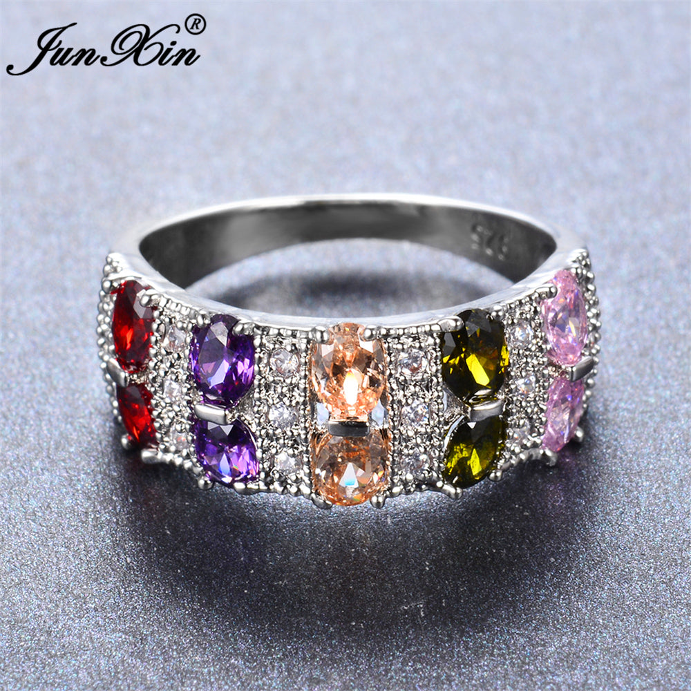 Bohemian Female Rainbow Oval Ring 925 Sterling Silver Filled Promise Engagement Rings For Women Crystal Wedding Jewelry