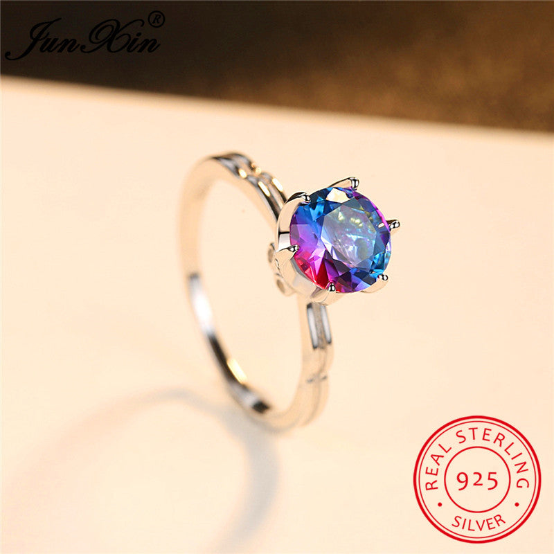 Cute Romantic Women Rainbow Ring Fashion AAA Zircon Stone Finger Rings Real 925 Sterling Silver Boho Engagement Ring