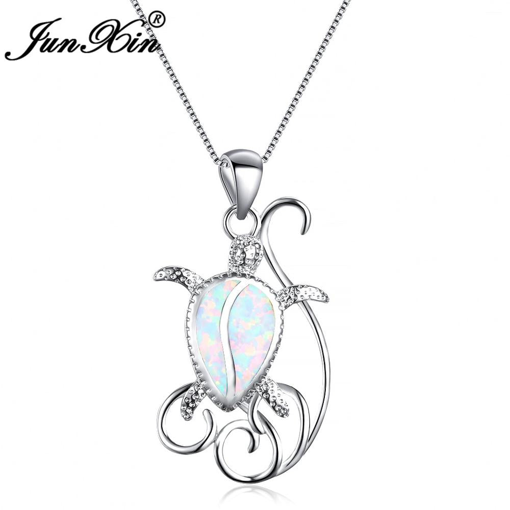 Female Lovely Turtle Pendants White/Blue Fire Opal Necklace 925 Sterling Silver Filled Jewelry For Women Wedding Gift