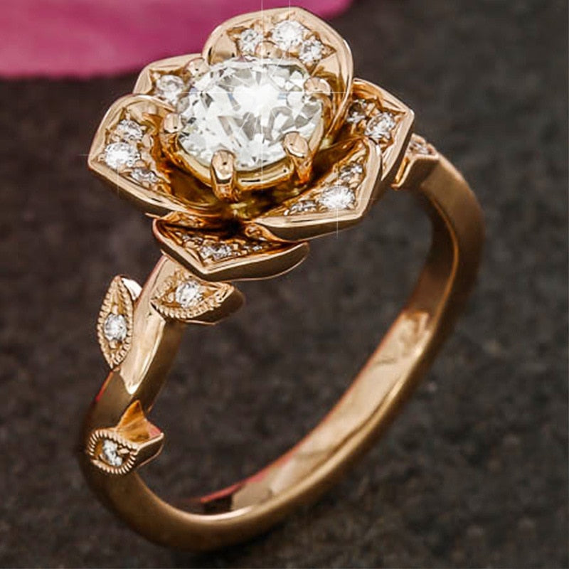 Luxury Female Zircon Stone Ring Rose Gold Filled Flower Ring Vintage Wedding Band Promise Engagement Rings For Women