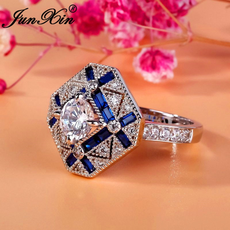 Luxury Geometry Big Rings For Men Women 925 Sterling Silver Filled Blue White Zircon Engagement Ring Male Birthstone Ring