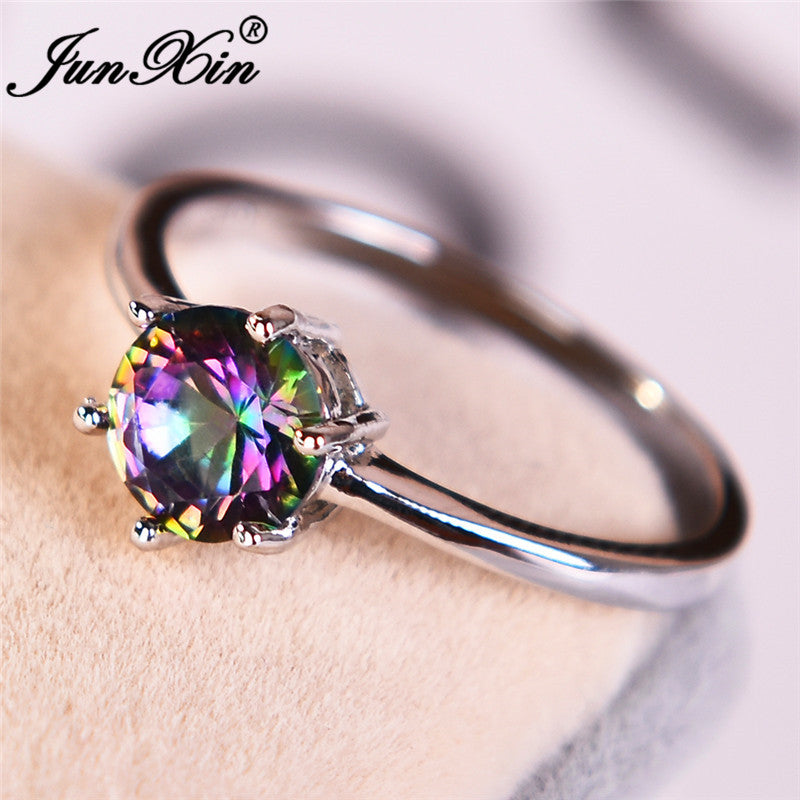 Mystic Fire Zircon Birthstone Round Stone Women's Ring 925 Sterling Silver Filled Six Claws Multicolor Engagement Ring