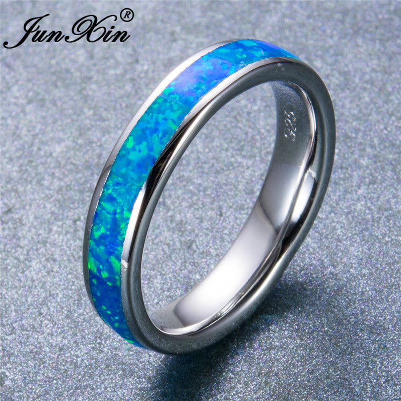 Top Quality 925 Sterling Silver Filled Classic Round Ocean Blue Fire Opal Rings For Men Women Best Lovers Wedding Bands